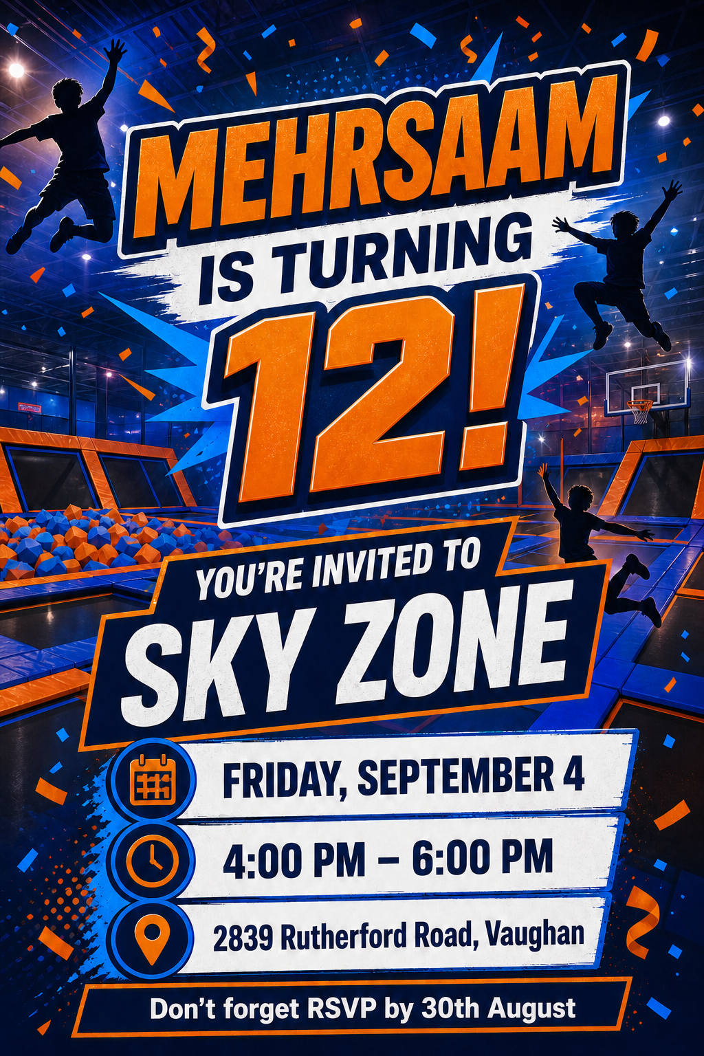 Mehrsaam's Sky Zone birthday invitation